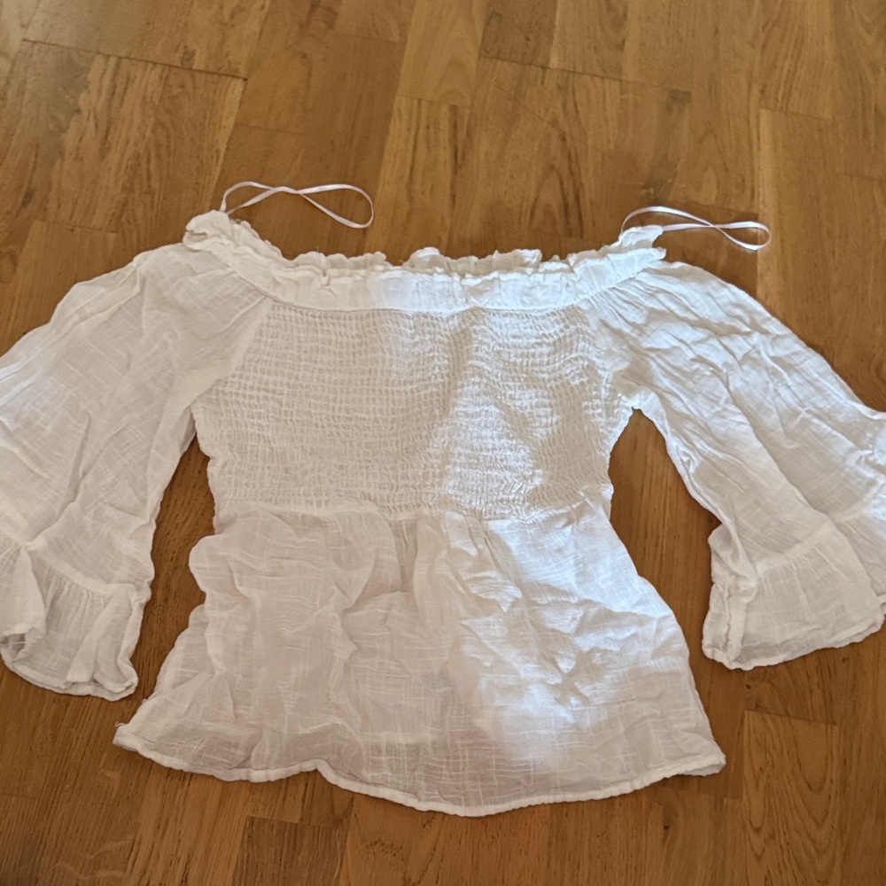 Zara White Off-Shoulder Smocked Peasant Top